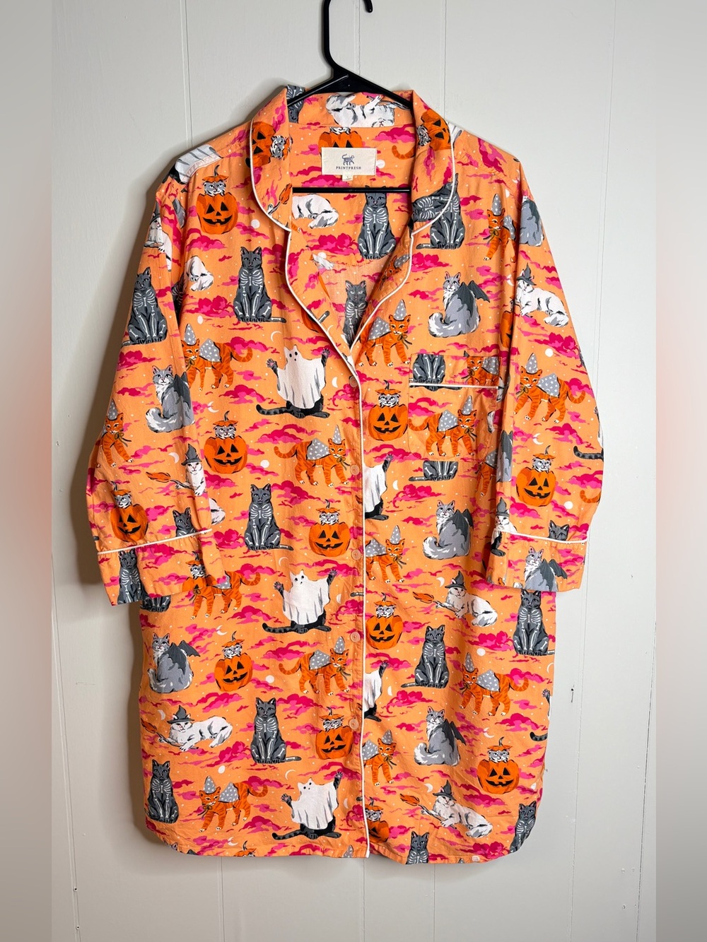 Printfresh Halloween House Cats Button Down Sleep Shirt Pajamas Size large